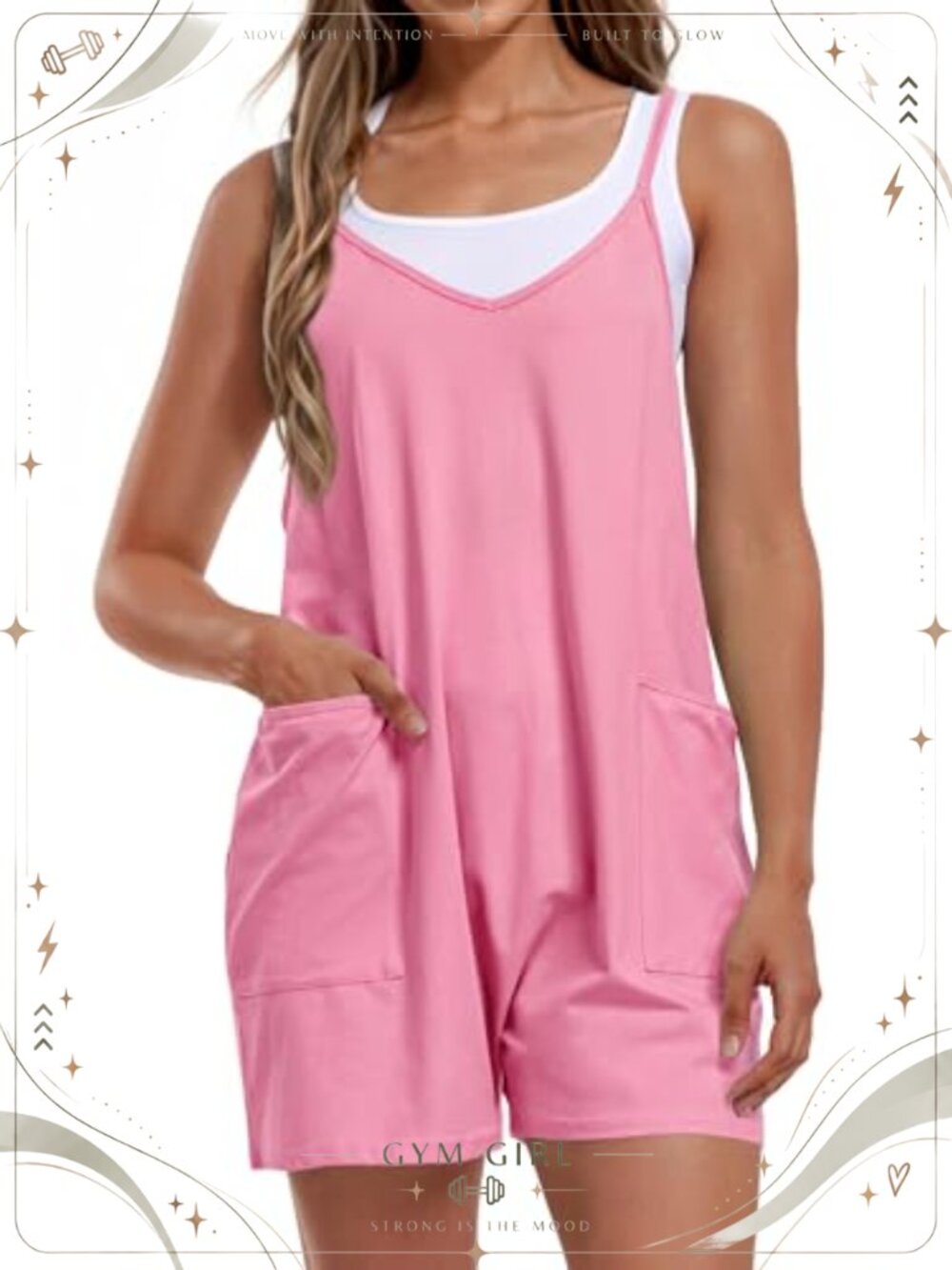 Sleeveless One Piece Romper with Pockets Adjustable Spaghetti Strap Loose Fit